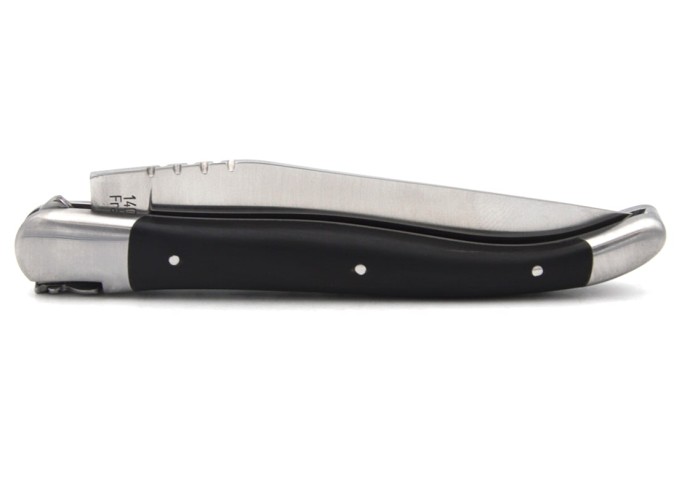 Laguiole-Messer mit Label Geografische Angabe, 12 cm Griff aus Hornspitze (dunkel), einzelne Klinge, mattes Edelstahl-Finish