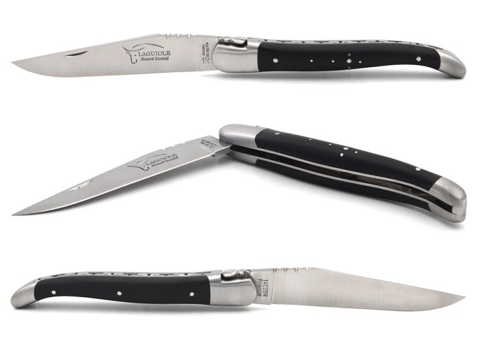 Laguiole-Messer mit Label Geografische Angabe, 12 cm Griff aus Hornspitze (dunkel), einzelne Klinge, mattes Edelstahl-Finish