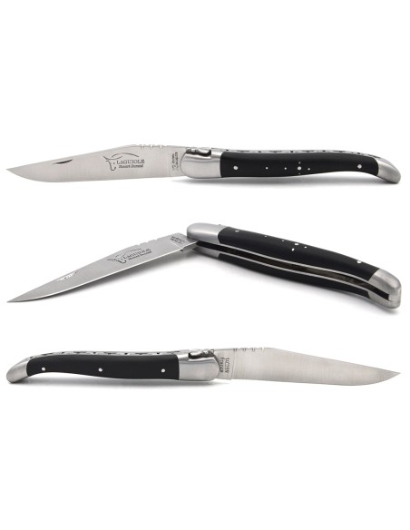 Laguiole-Messer mit Label Geografische Angabe, 12 cm Griff aus Hornspitze (dunkel), einzelne Klinge, mattes Edelstahl-Finish