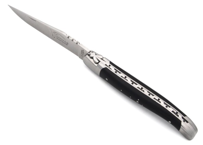 Laguiole knife with Geographical Indication label, 12 cm dark horn tip handle, blade only, matt stainless steel finish