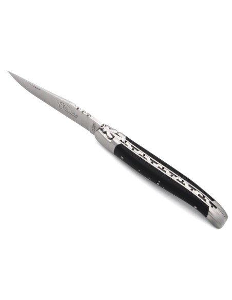Laguiole knife with Geographical Indication label, 12 cm dark horn tip handle, blade only, matt stainless steel finish