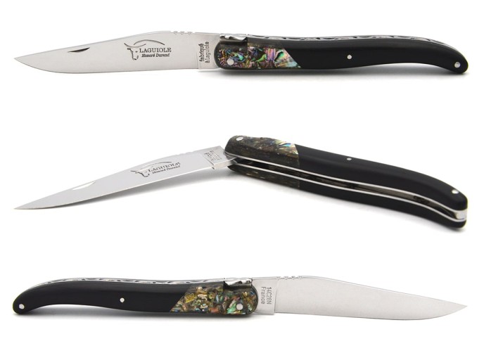 Laguiole pliant 12 cm en ébène avec une fausse mitre en abalone, finition inox brillant