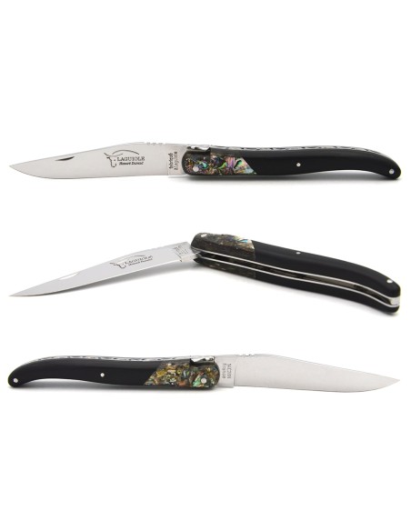 Laguiole pliant 12 cm en ébène avec une fausse mitre en abalone, finition inox brillant