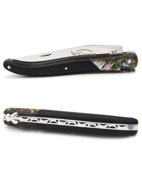 Laguiole pliant 12 cm en ébène avec une fausse mitre en abalone, finition inox brillant