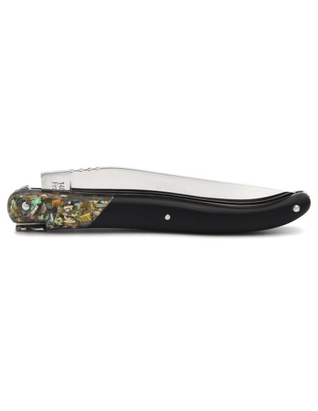 Laguiole pliant 12 cm en ébène avec une fausse mitre en abalone, finition inox brillant