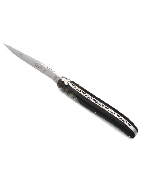 Laguiole pliant 12 cm en ébène avec une fausse mitre en abalone, finition inox brillant