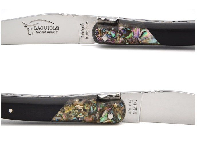 Laguiole pliant 12 cm en ébène avec une fausse mitre en abalone, finition inox brillant