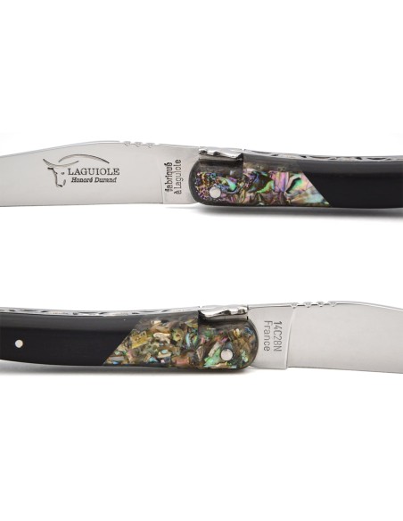 Laguiole pliant 12 cm en ébène avec une fausse mitre en abalone, finition inox brillant