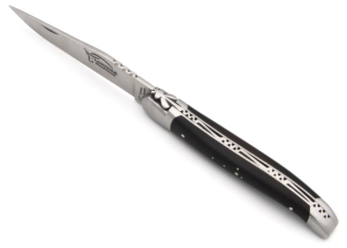 Laguiole-Messer mit Label Geografische Angabe, 12 cm Griff aus Ebenholz, einzelne Klinge, mattes Edelstahl-Finish