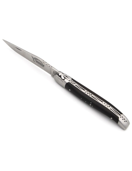Laguiole-Messer mit Label Geografische Angabe, 12 cm Griff aus Ebenholz, einzelne Klinge, mattes Edelstahl-Finish