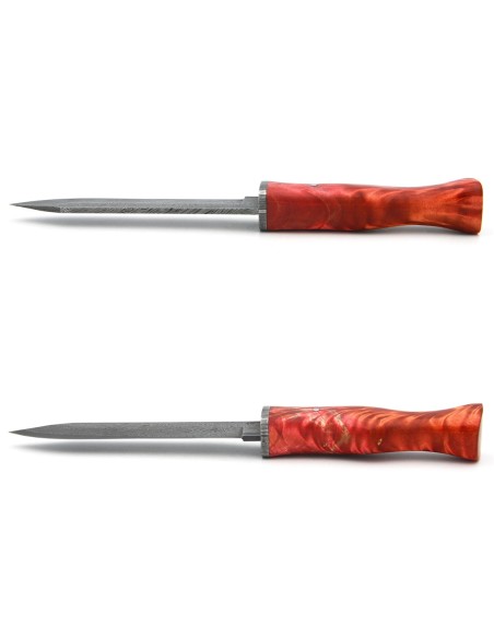 Dolch aus rot stabilisierter Pappelgabel mit Klinge aus Damaststahl