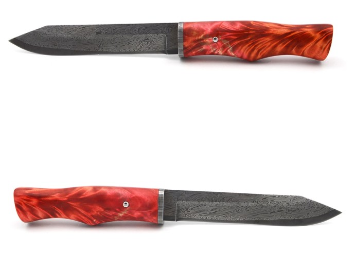 Dolch aus rot stabilisierter Pappelgabel mit Klinge aus Damaststahl