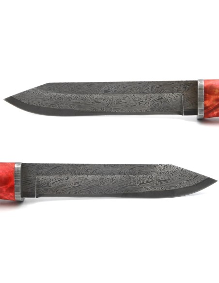 Dagger in red stabilised poplar wood with wild damascus steel blade