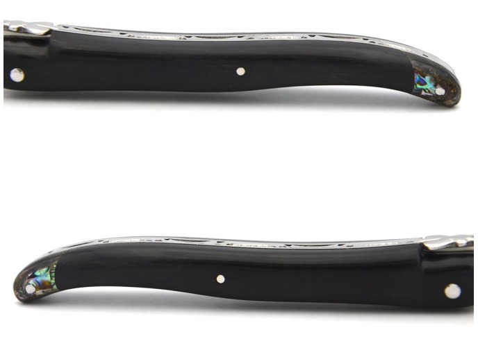 Laguiole pliant 12 cm en ébène avec une fausse mitre arrière en abalone, finition inox brillant