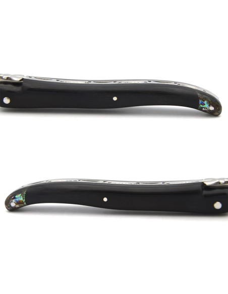 Laguiole pliant 12 cm en ébène avec une fausse mitre arrière en abalone, finition inox brillant