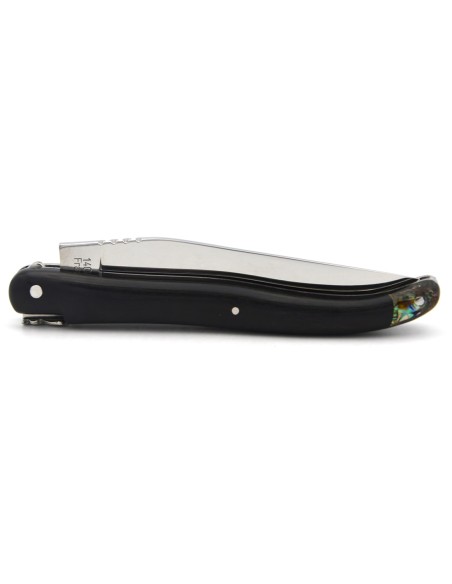 Laguiole pliant 12 cm en ébène avec une fausse mitre arrière en abalone, finition inox brillant