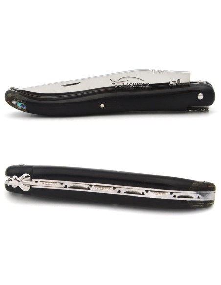 Laguiole pliant 12 cm en ébène avec une fausse mitre arrière en abalone, finition inox brillant
