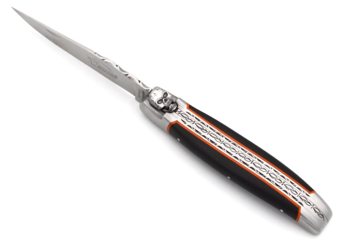 Laguiole Klappmesser 12 cm, mechanische Biene mit Totenkopfmotiv, Griff aus Ebenholz mit mattem Edelstahlfinish