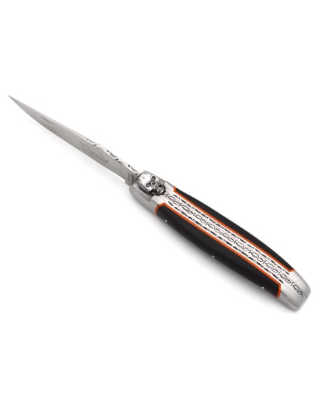 Laguiole Klappmesser 12 cm, mechanische Biene mit Totenkopfmotiv, Griff aus Ebenholz mit mattem Edelstahlfinish