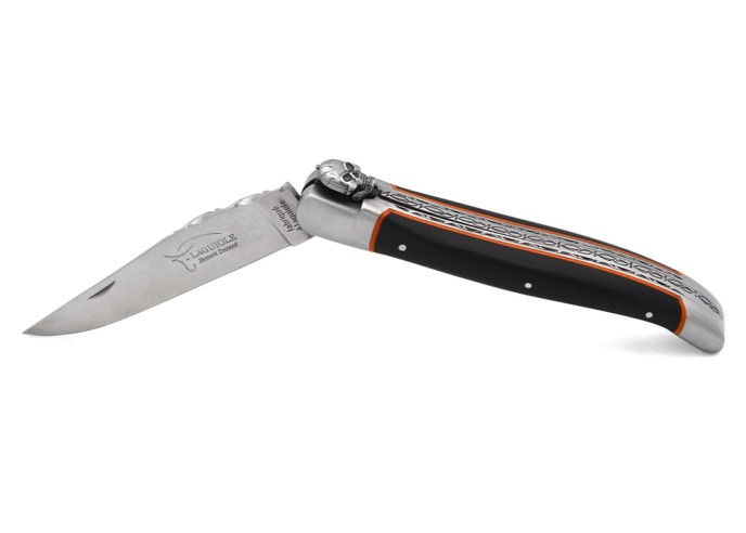 Laguiole 12 cm, abeille mécanique motif tête de mort, manche en ébène