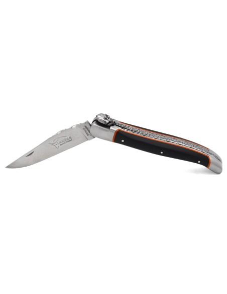 Laguiole 12 cm, abeille mécanique motif tête de mort, manche en ébène