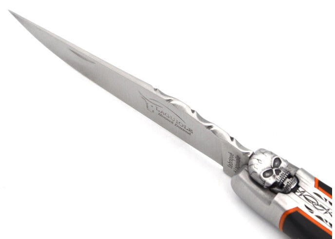 Laguiole Klappmesser 12 cm, mechanische Biene mit Totenkopfmotiv, Griff aus Ebenholz mit mattem Edelstahlfinish