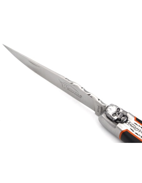 Laguiole Klappmesser 12 cm, mechanische Biene mit Totenkopfmotiv, Griff aus Ebenholz mit mattem Edelstahlfinish