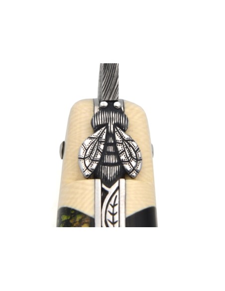 Couteau de Laguiole en molaire de mammouth verte, lame Damas mosaïque
