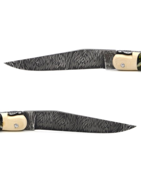 Couteau de Laguiole en molaire de mammouth verte, lame Damas mosaïque