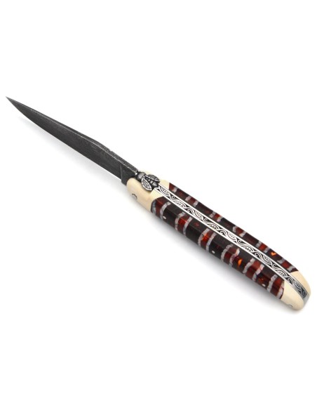 Laguiole-Messer aus rotem Mammutmolar, Damast-Mosaikklinge