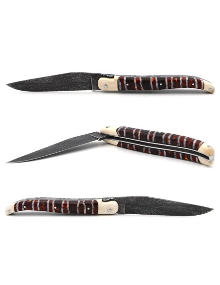 Couteau de Laguiole en molaire de mammouth rouge, lame Damas mosaïque