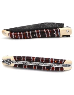 Laguiole-Messer aus rotem Mammutmolar, Damast-Mosaikklinge