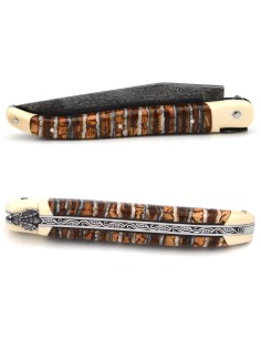 Laguiole-Messer aus braunem Mammutmolar, Damast-Mosaikklinge