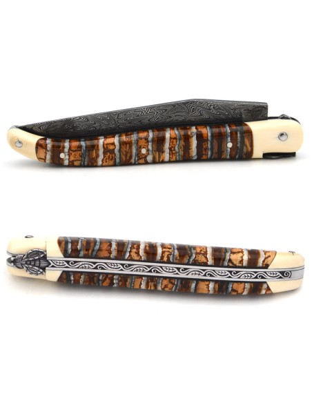 Laguiole knife in brown mammoth molar, mosaic Damascus blade