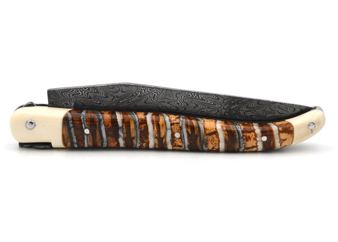 Couteau de Laguiole en molaire de mammouth marron, lame Damas mosaïque