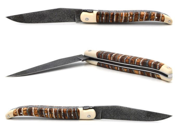 Laguiole knife in brown mammoth molar, mosaic Damascus blade
