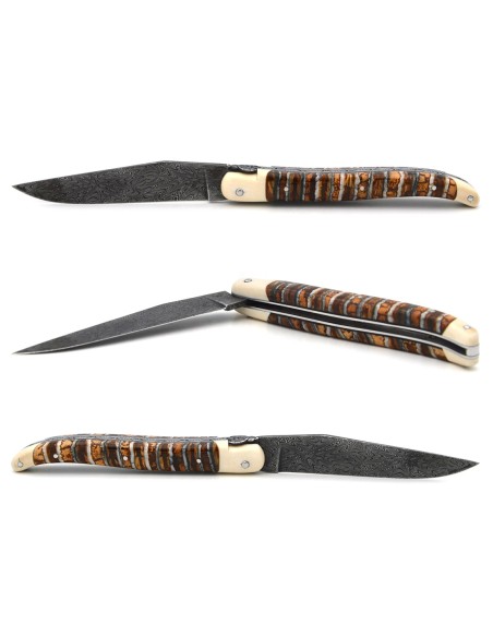 Laguiole knife in brown mammoth molar, mosaic Damascus blade