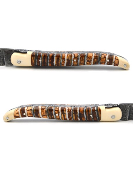 Couteau de Laguiole en molaire de mammouth marron, lame Damas mosaïque