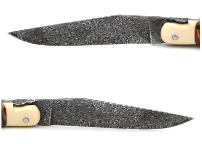 Laguiole knife in brown mammoth molar, mosaic Damascus blade