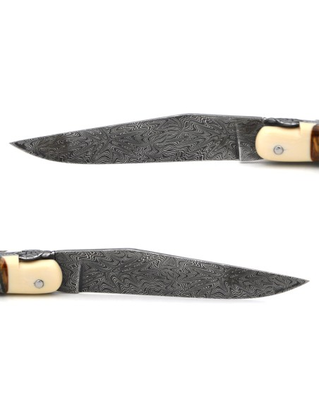 Laguiole knife in brown mammoth molar, mosaic Damascus blade