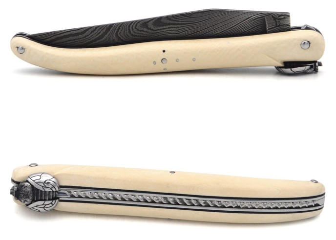 Laguiole 13 cm, abeille mécanique, ivoire de mammouth, lame Damas