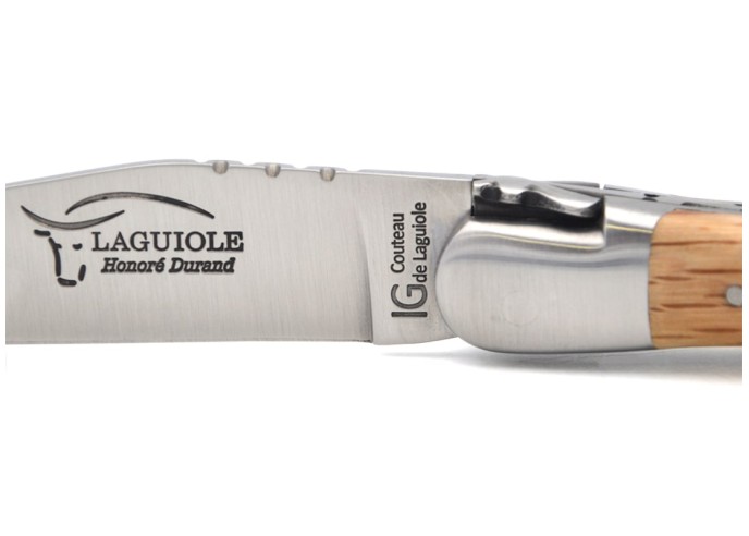 Couteau de Laguiole labellisé indication géographique, manche de 12 cm en chêne vert, lame seule, finition inox mat