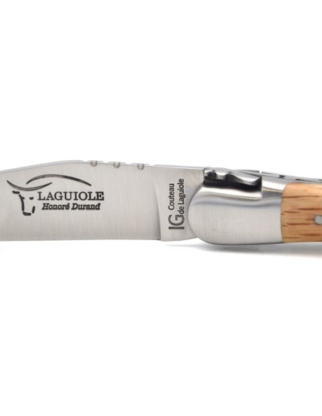 Laguiole-Messer mit Label Geografische Angabe, 12 cm Griff aus Grüne Eiche, einzelne Klinge, mattes Edelstahl-Finish