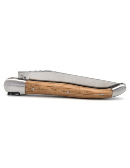Laguiole-Messer mit Label Geografische Angabe, 12 cm Griff aus Fasseiche, einzelne Klinge, mattes Edelstahl-Finish