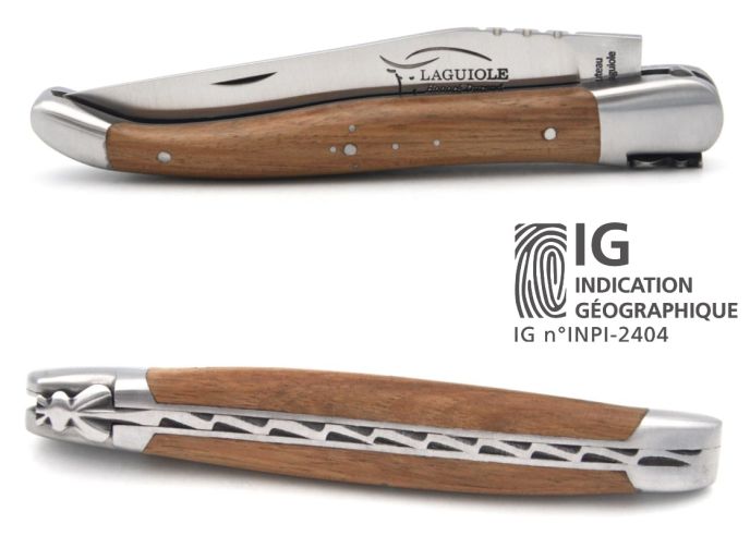 Laguiole-Messer mit Label Geografische Angabe, 12 cm Griff aus Nussbaum, einzelne Klinge, mattes Edelstahl-Finish