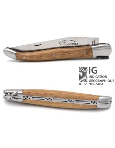 Laguiole-Messer mit Label Geografische Angabe, 12 cm Griff aus Fasseiche, einzelne Klinge, mattes Edelstahl-Finish