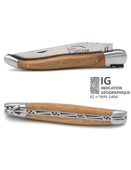 Laguiole-Messer mit Label Geografische Angabe, 12 cm Griff aus Fasseiche, einzelne Klinge, mattes Edelstahl-Finish