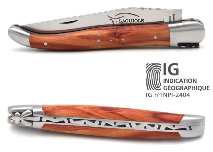 Laguiole-Messer mit Label Geografische Angabe, 12 cm Griff aus Rosenholz, einzelne Klinge, mattes Edelstahl-Finish