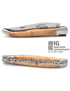 Laguiole-Messer mit Label Geografische Angabe, 12 cm Griff aus Grüne Eiche, einzelne Klinge, mattes Edelstahl-Finish