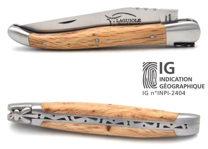 Laguiole-Messer mit Label Geografische Angabe, 12 cm Griff aus Grüne Eiche, einzelne Klinge, mattes Edelstahl-Finish